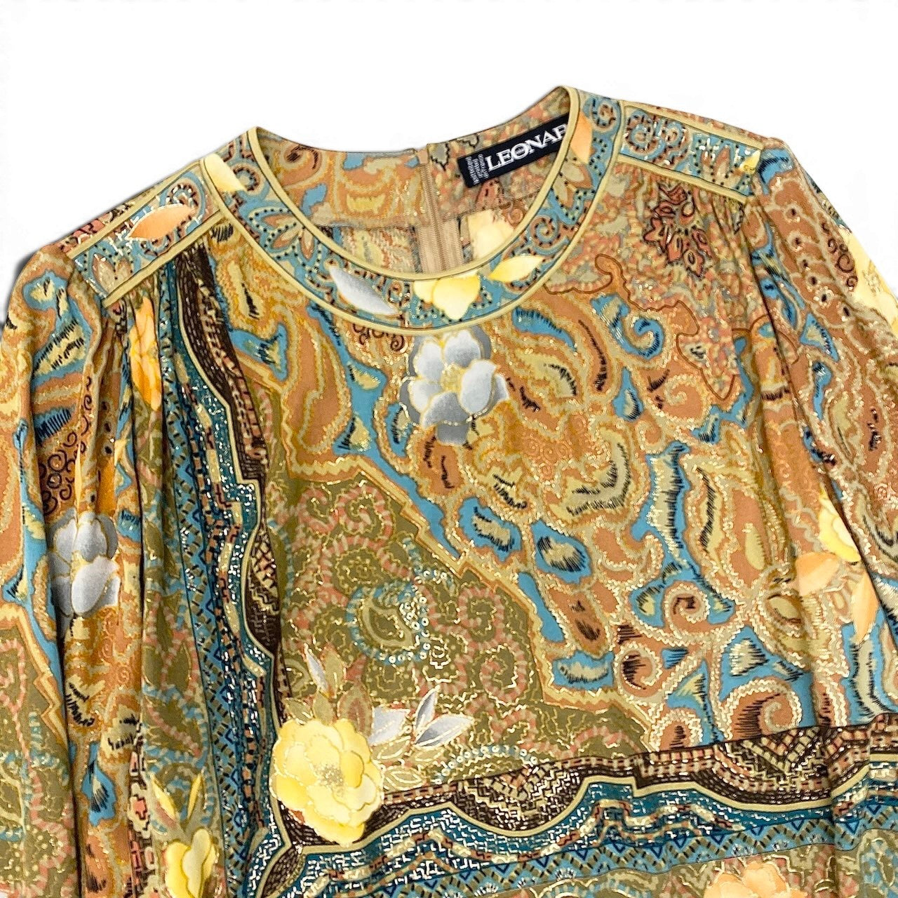 18e29 LEONARD FASHION レオナール パフスリーブ カットソー サイドリボン 美しい花柄プリント トップス サイズ9R マルチカラー シルク100％ レディース 女性服o07t