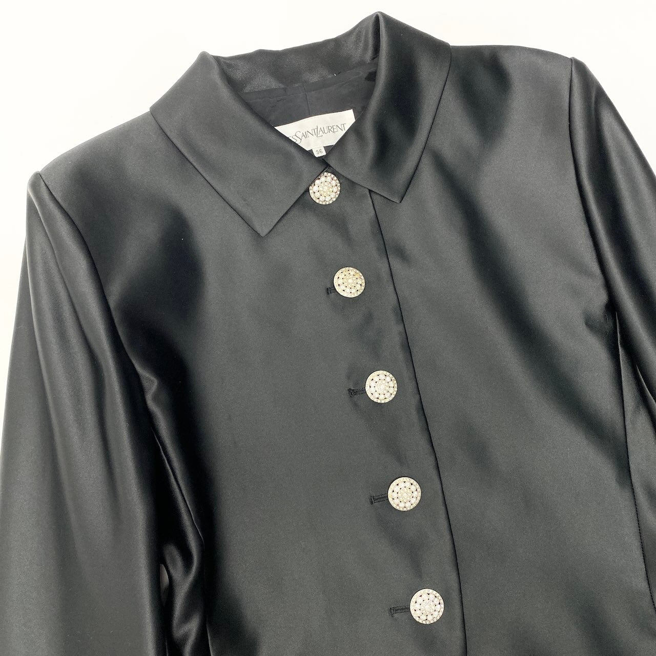 83e12 YVES SAINTLAURENT イヴサンローラン サテンジャケット シャツジャケット ロングスリーブ サイズ9A3 光沢 ブラック レディース 女性服o07t
