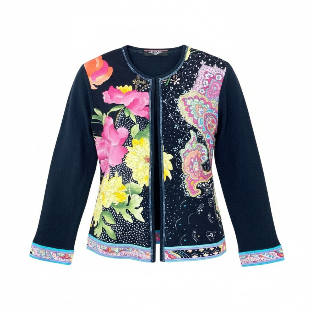 79L15 LEONARD FASHION レオナールファッション クルーネックカーディガン 花柄プリント ビジュー LL ネイビー レディース 女性用u02t