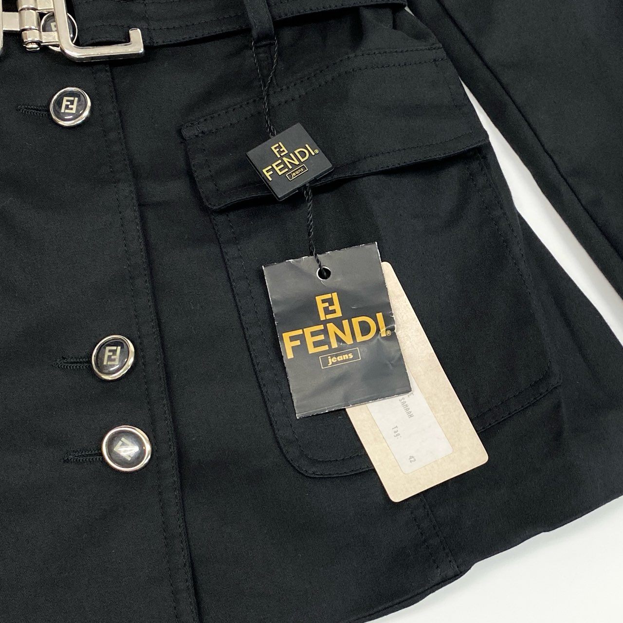 Ed10 【デッドストック】 Vintage FENDI フェンディ ベルテッドコート 薄手ジャケット FFロゴボタン 42 ブラック コットンu02t