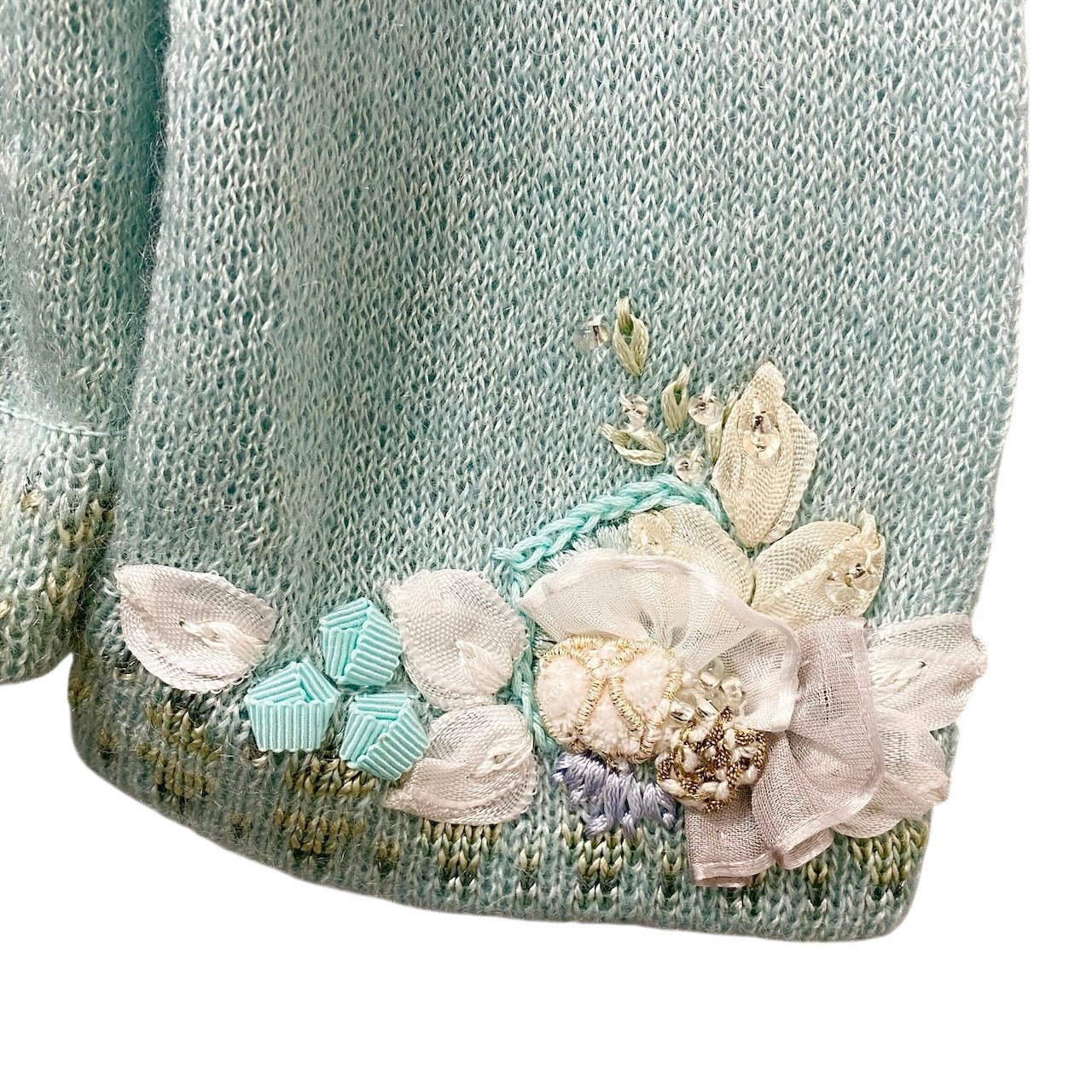 58g5 ATELIER SAGAN アトリエサガン ロングスリーブカーディガン ニットセーター 刺繍デザイン Mサイズ ミントブルー レディース 女性用u02t