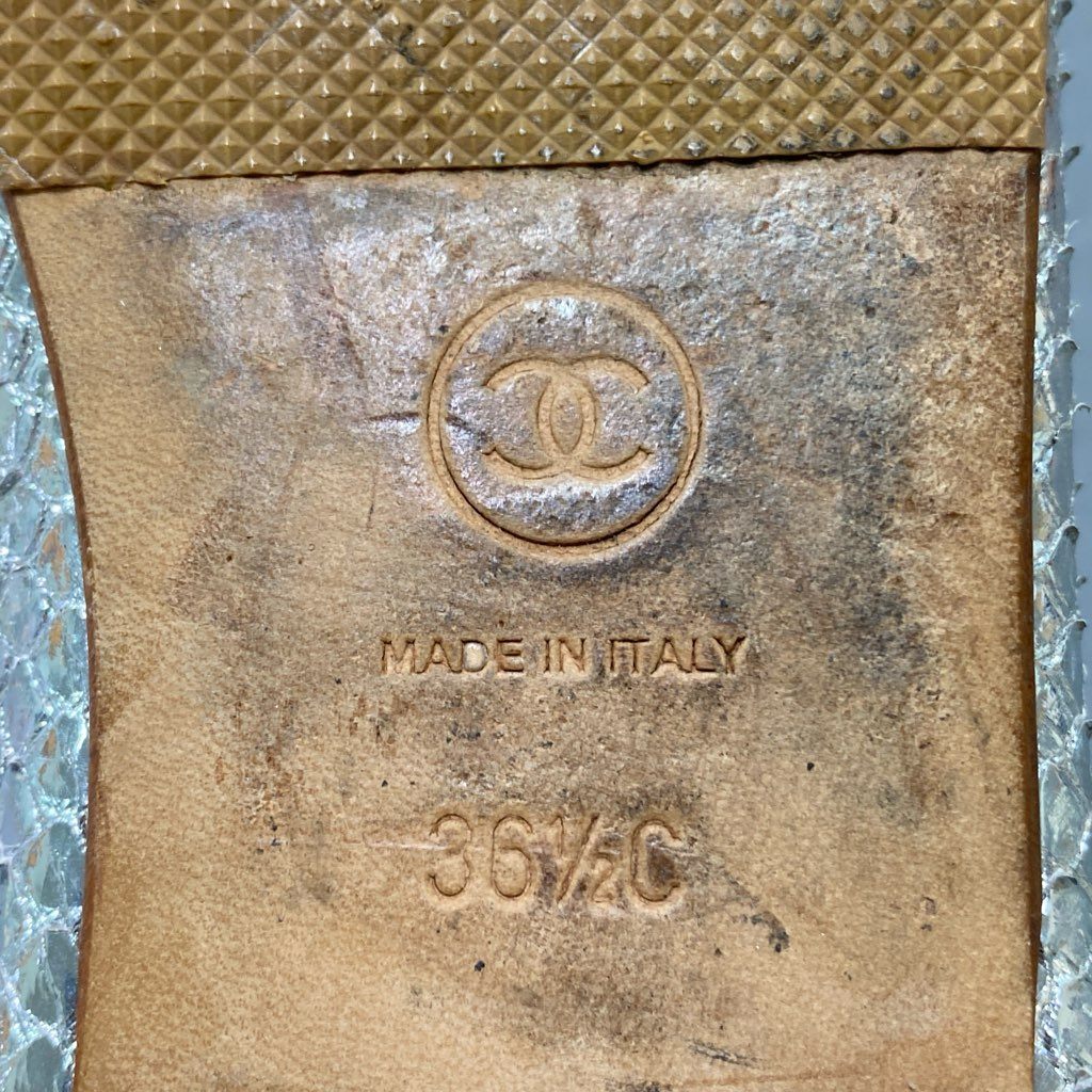 5e10 CHANEL シャネル メタリック バレエシューズ 36 1/2 シルバー レザー パイソン風 リボン フラットシューズ