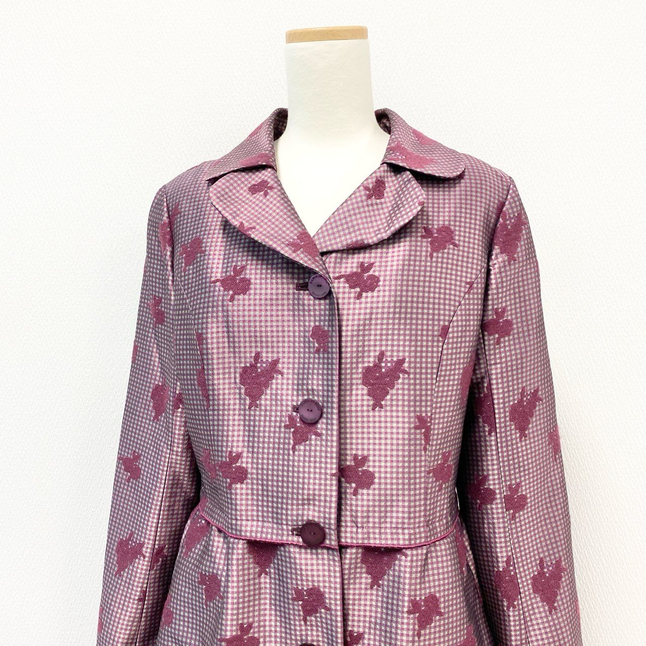 27j22 《美品》HANAEMORI ALMA EN ROSE ハナエモリ アルマアンローズ チェスターコート ギンガムチェック 花柄 キルティング 38サイズ パープル レディースu02t