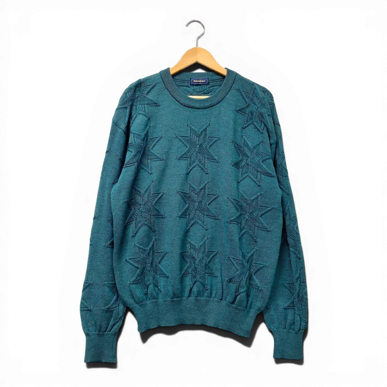 58g7 YVES SAINT LAURENT イヴサンローラン クルーネック ニットセーター 3Dニット サイズLL グリーン メンズ 紳士服o07t