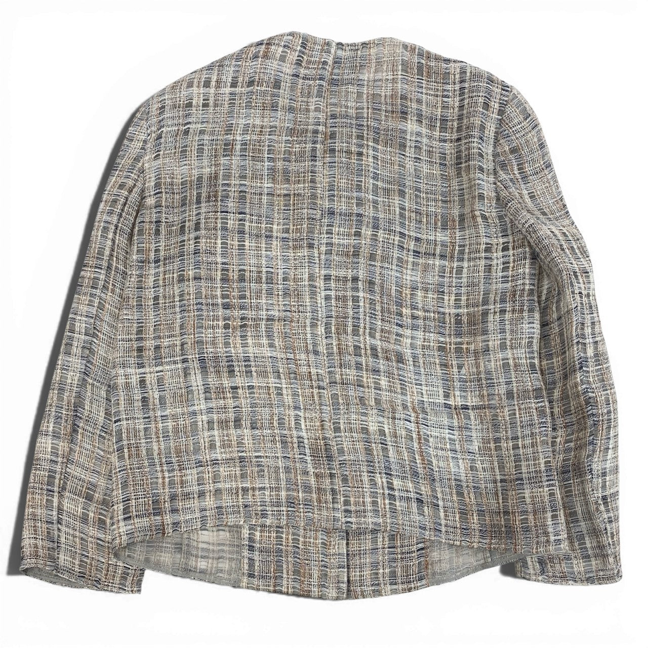 46a30 GIORGIO ARMANI ジョルジオアルマーニ ノーカラージャケット リネンツイードシルクラッフルジャケット 38サイズ マルチカラー リネン100％ シルク100％ レディースo07t