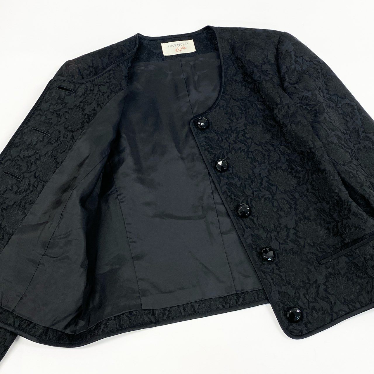 36a30 Vintage Givenchy ヴィンテージ ジバンシー 花柄ジャガード ビジューボタン ジャケット Floral Jacquard Jacket Blazer Bijpi Button M ブラック レディースo07t