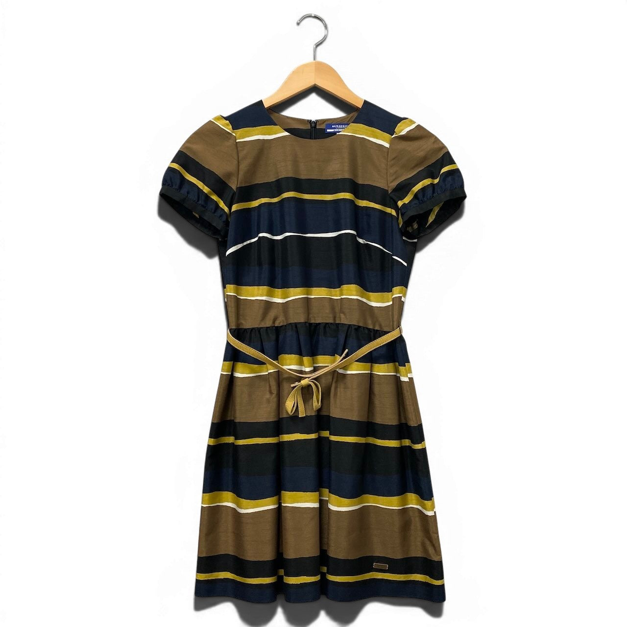 78e18 BURBERRY LONDON BLUE LABEL バーバリーロンドン ブルーレーベル パフスリーブ 膝丈ワンピース ボーダー柄 ウエストリボン  サイズ36 マルチカラー ポリエステル100％ レディース 女性用u02t