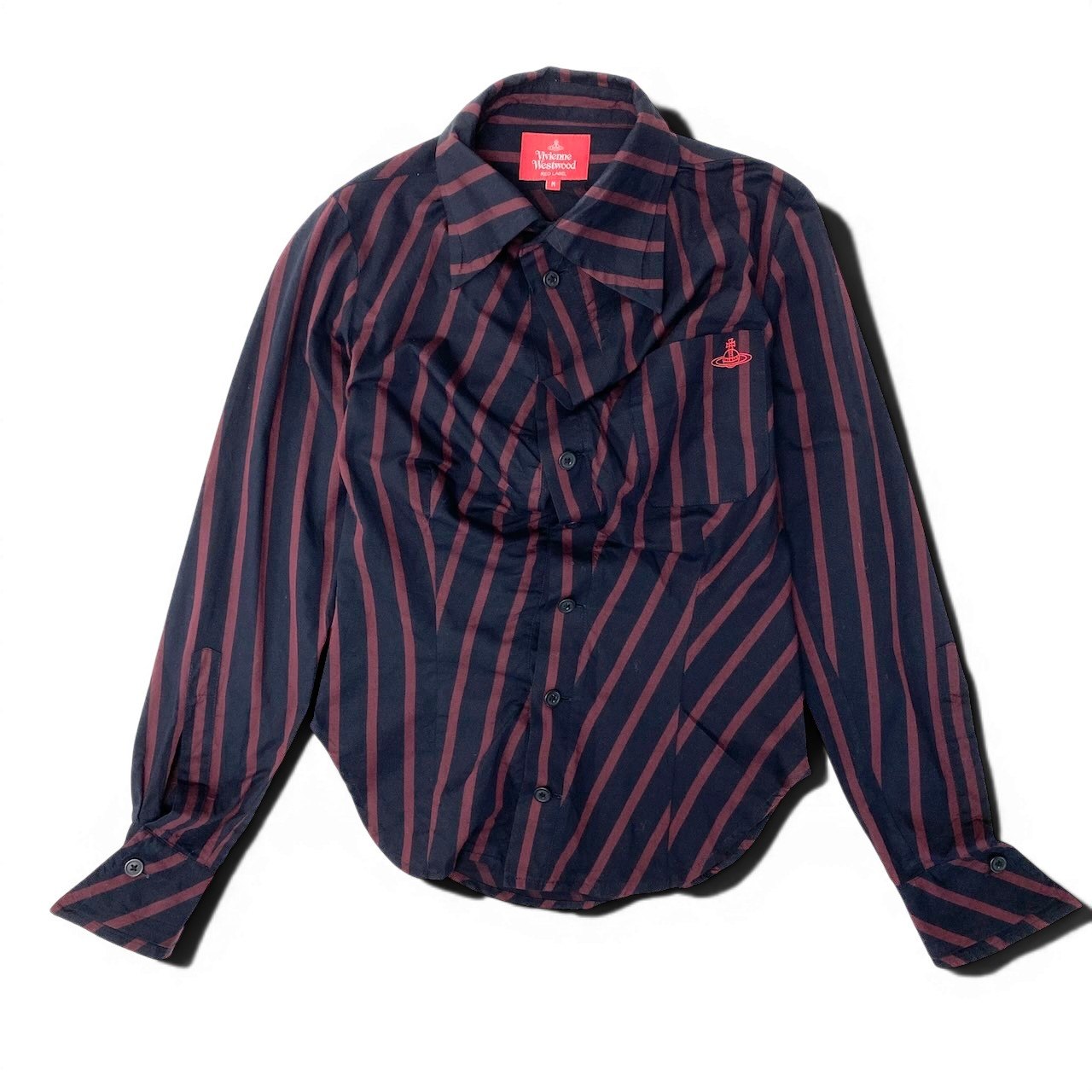 Af8 Vivienne Westwood RED LABEL ヴィヴィアンウエストウッドレッドレーベル アシンメトリー ロングスリーブシャツ ストライプ柄 オーブロゴ刺繍 サイズM ネイビー ワインレッド コットン100％ レディース 女性用u02t