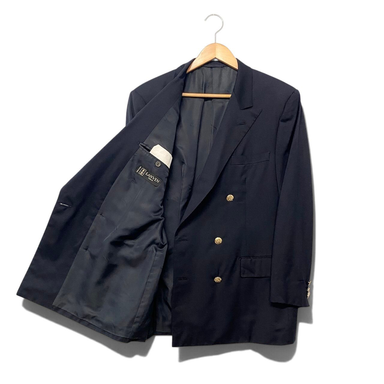 37h31 LANVIN PARIS ランバン テーラードジャケット Super100's ダブルブレスト 金ボタン サイズ52 ネイビー メンズ 紳士服o07t