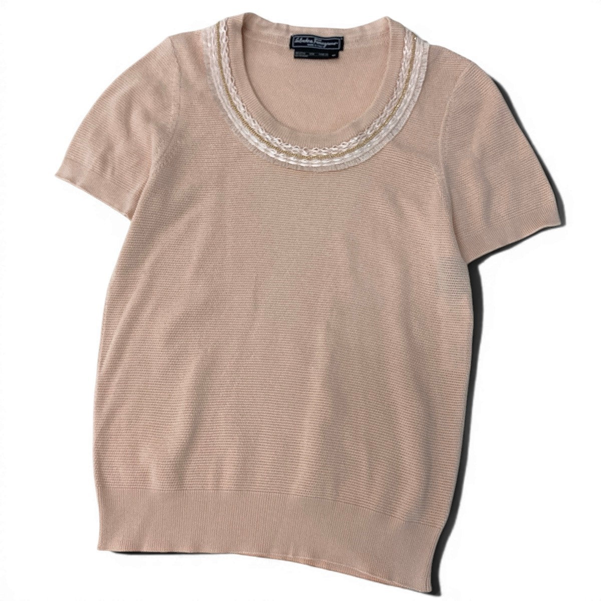 28f16【極美品】Salvatore Ferragamo サルバトーレフェラガモ アンサンブルニットセーター ロングスリーブカーディガン 半袖ニット Mサイズ ベビーピンク レディース 女性用u02t