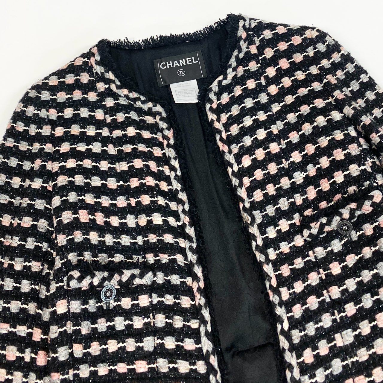 85b9 CHANEL シャネル 2006 ラメツイードジャケット ニットジャケット ノーカラー P29539 40 ブラック系 レディースta1