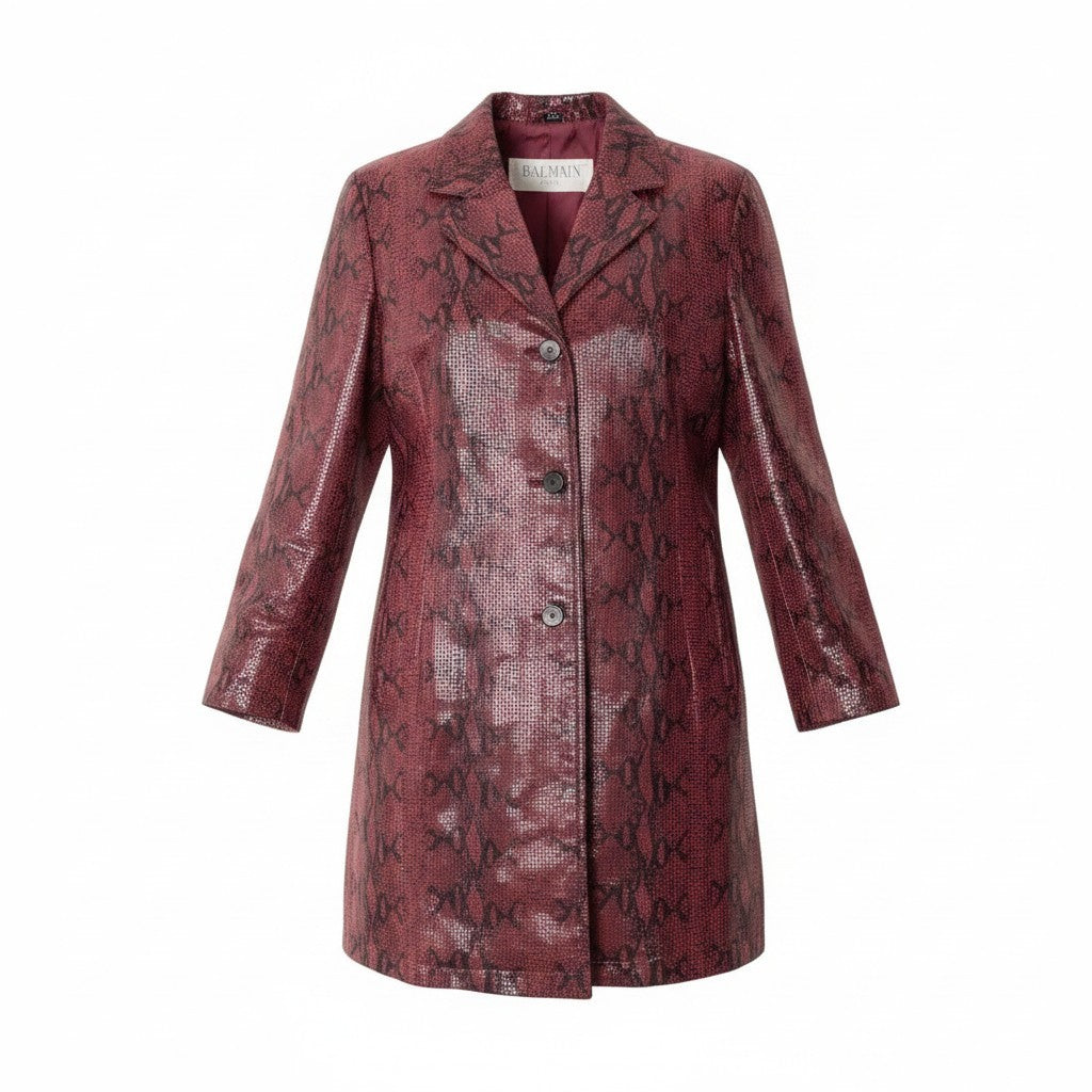 Ee25 BALMAIN バルマン パイソン柄 ロングジャケット レザー サイズ11 レッド ブラック レディースo07t