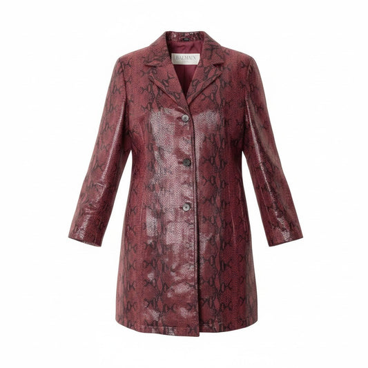 Ee25 BALMAIN バルマン パイソン柄 ロングジャケット レザー サイズ11 レッド ブラック レディースo07t