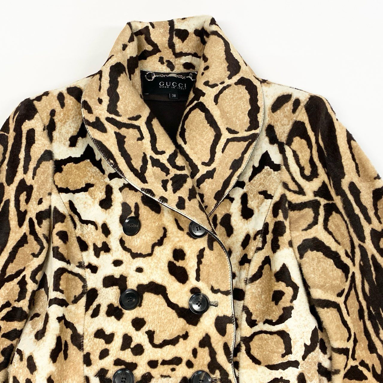 b4【美品】GUCCI グッチ レザー ハラコ チェスターコート レオパード 裏地ラムレザー 363074 XG079 38サイズ ベージュ ブラウン 牛革 羊革 レディースk02i