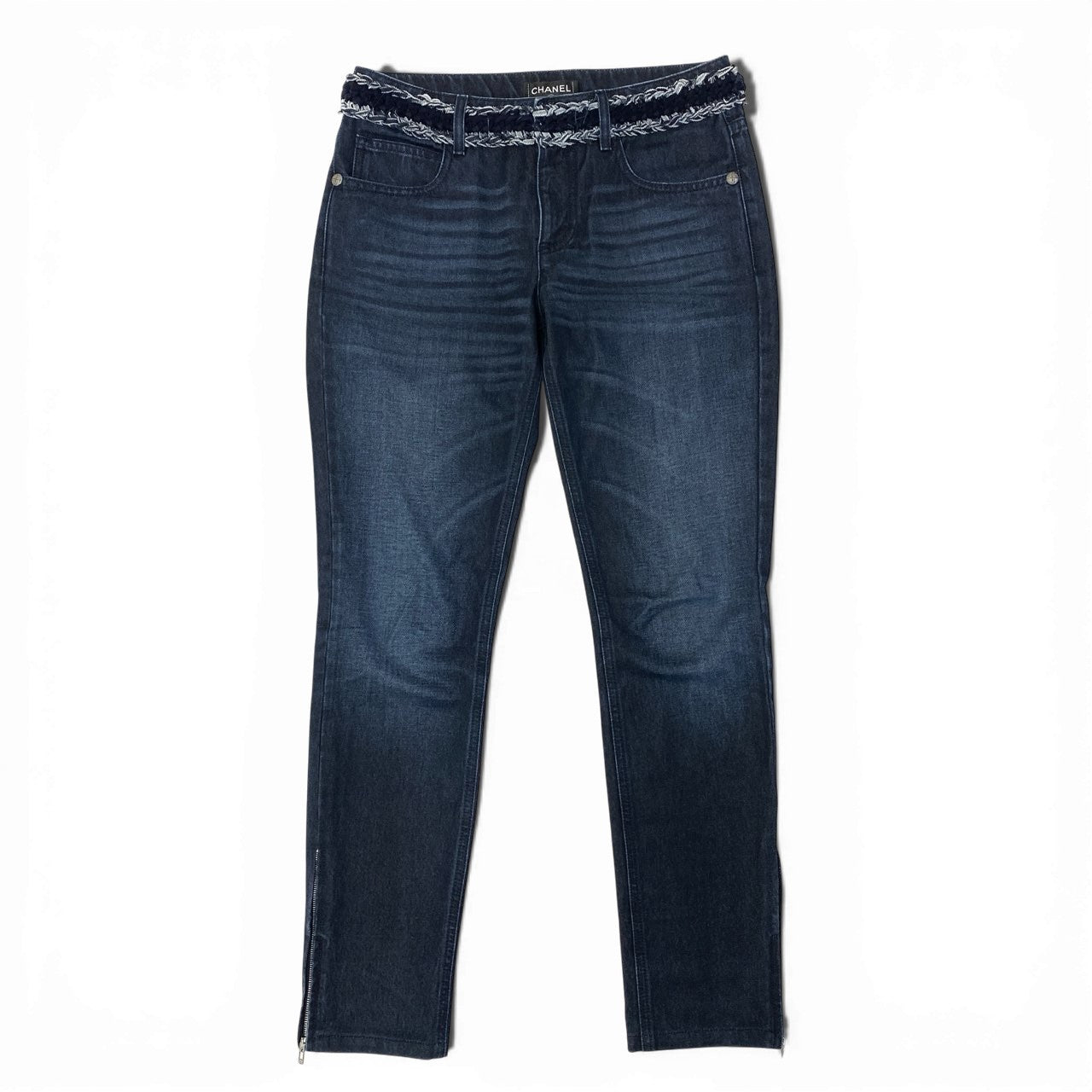 76a28 CHANEL シャネル P52309 2016 編み込みデザイン 裾ジップ付き デニムパンツ ジーンズ ボトム サイズ36 インディゴ レディース パンツta1
