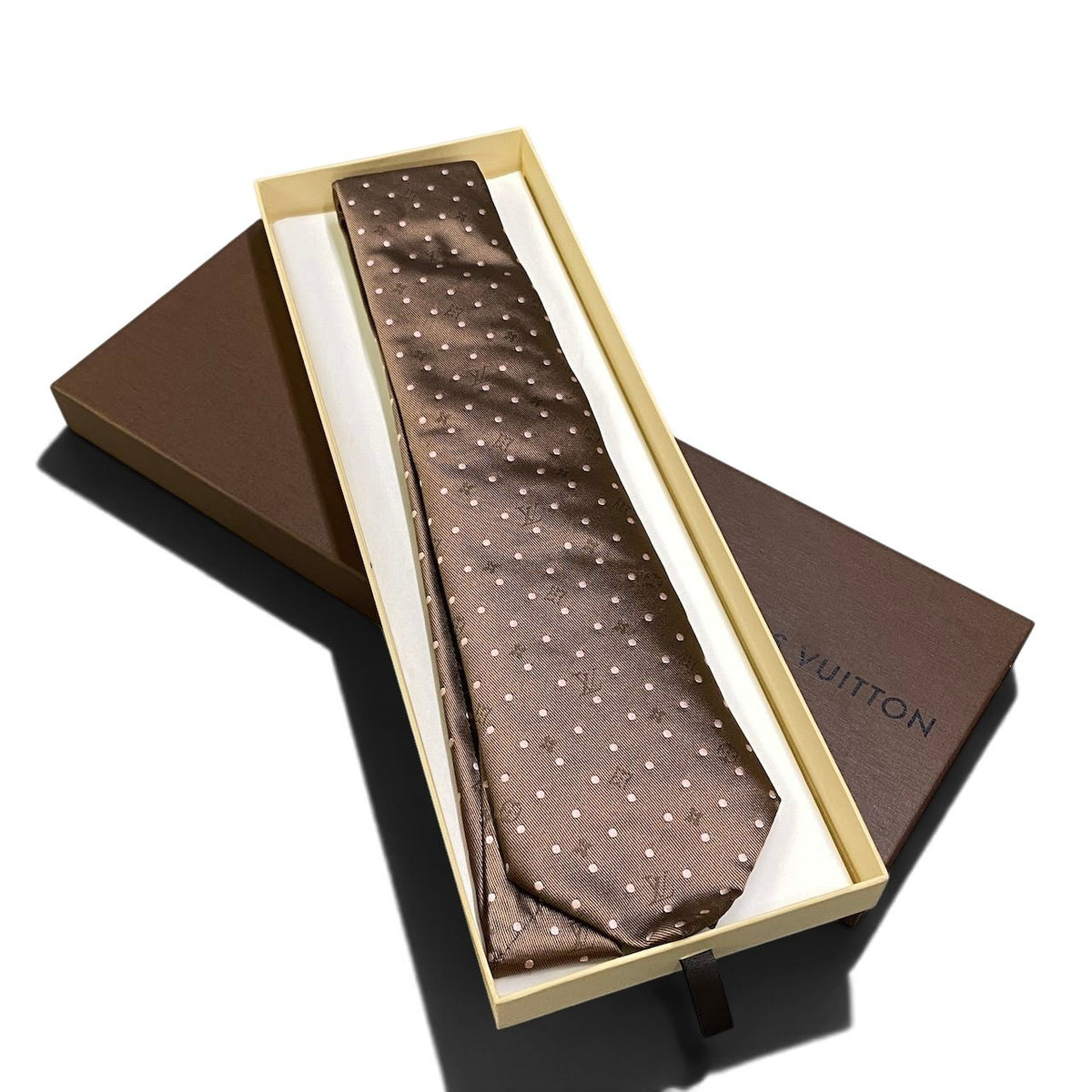 i13 【極美品】 LOUIS VUITTON ルイヴィトン モノグラム × 水玉 ネクタイ ブラウン × ピンク シルク100％ メンズ 紳士服k02i