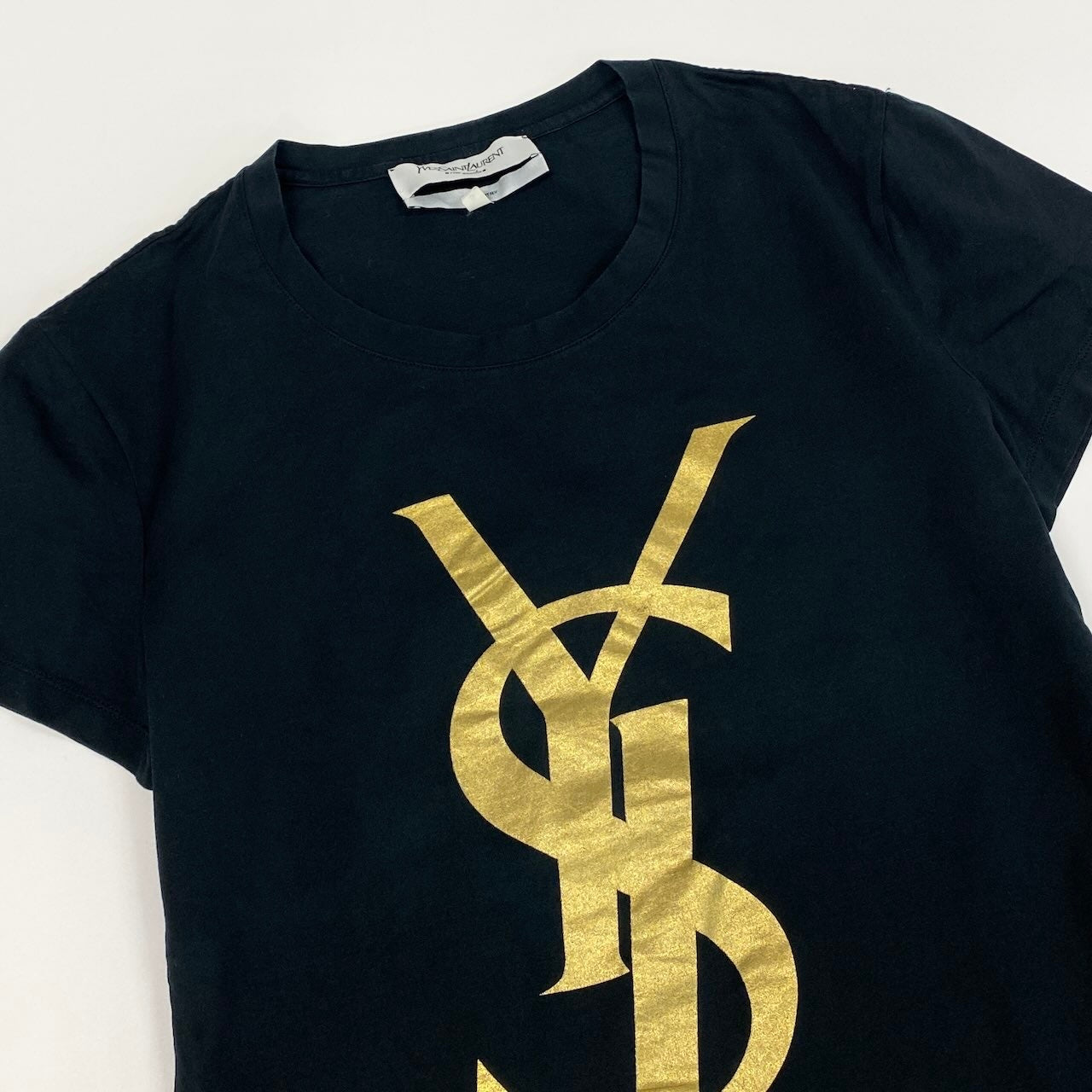 c24 《美品》 YVES SAINT LAURENT rive gauche イヴサンローランリブゴーシュ 半袖カットソー トップス ゴールドロゴ S ブラック コットン レディースu02t