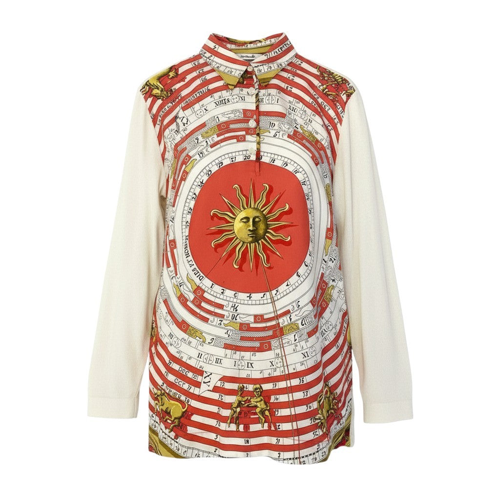 86a16 HERMES エルメス DIES ET HORE ニット切替 ロングスリーブ ポロシャツ シルク100％ メンズ 紳士服 M オフホワイトo07t