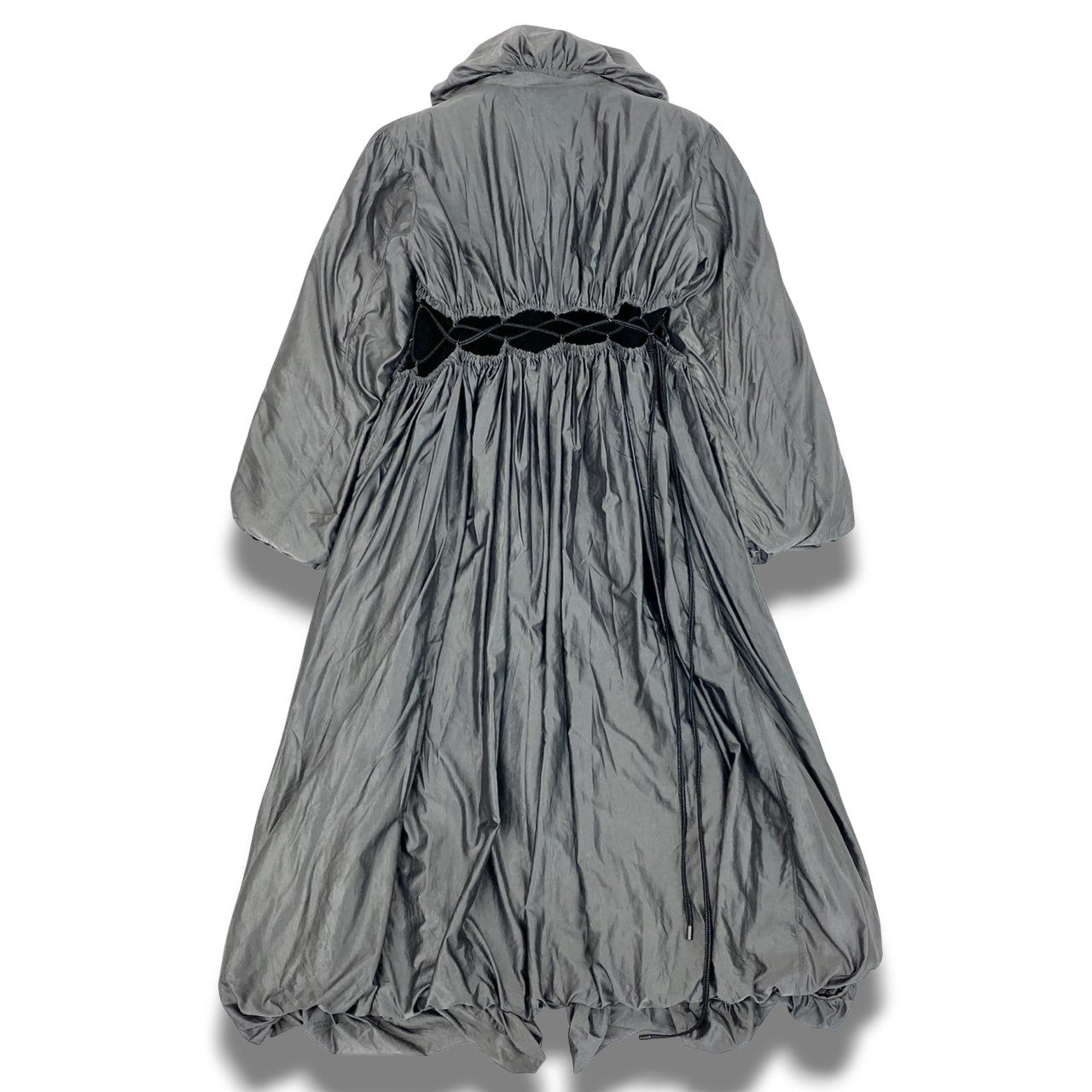 Ac3 ISSEY MIYAKE FETE イッセイミヤケ ヴィンテージ 編み上げデザイン ロングコート パラシュートコート  サイズ2 シルバー レディース アウターk02i