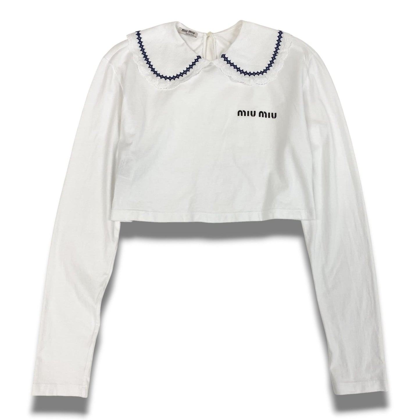 b23 miu miu ミュウミュウ 2021年 刺繍レース襟 襟付きカットソー 長袖ポロシャツ クロップドシャツ サイズM ホワイト レディースta1