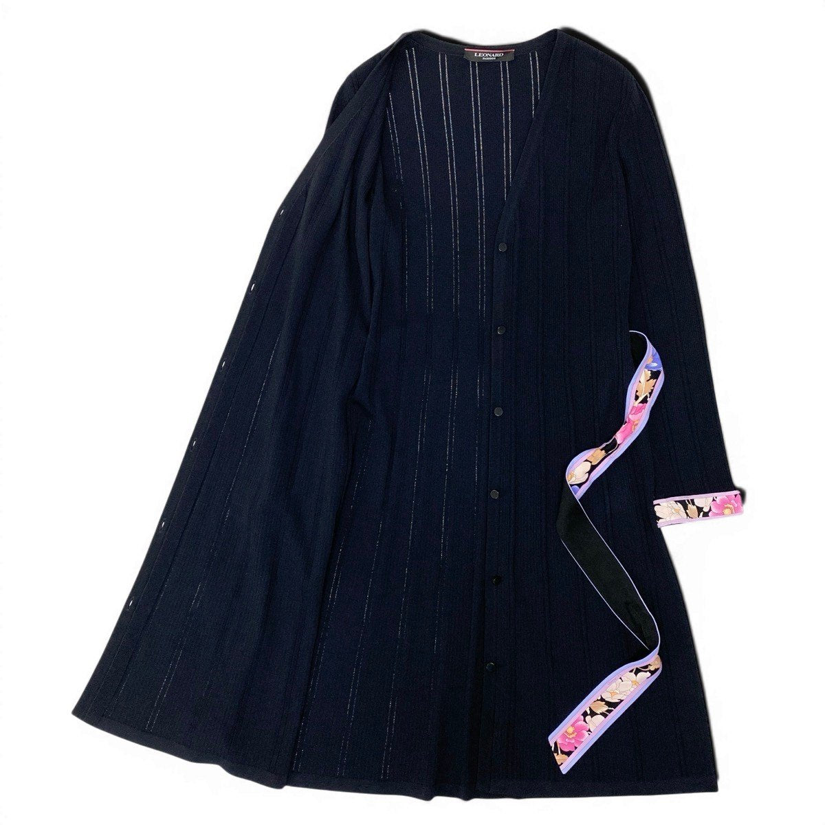 81e19 【美品】 LEONARD FASHION レオナール ロング ニットカーディガン カンカン素材切替 リブニット 長袖 花柄プリント サイズ38 ブラック レディース 女性用u02t