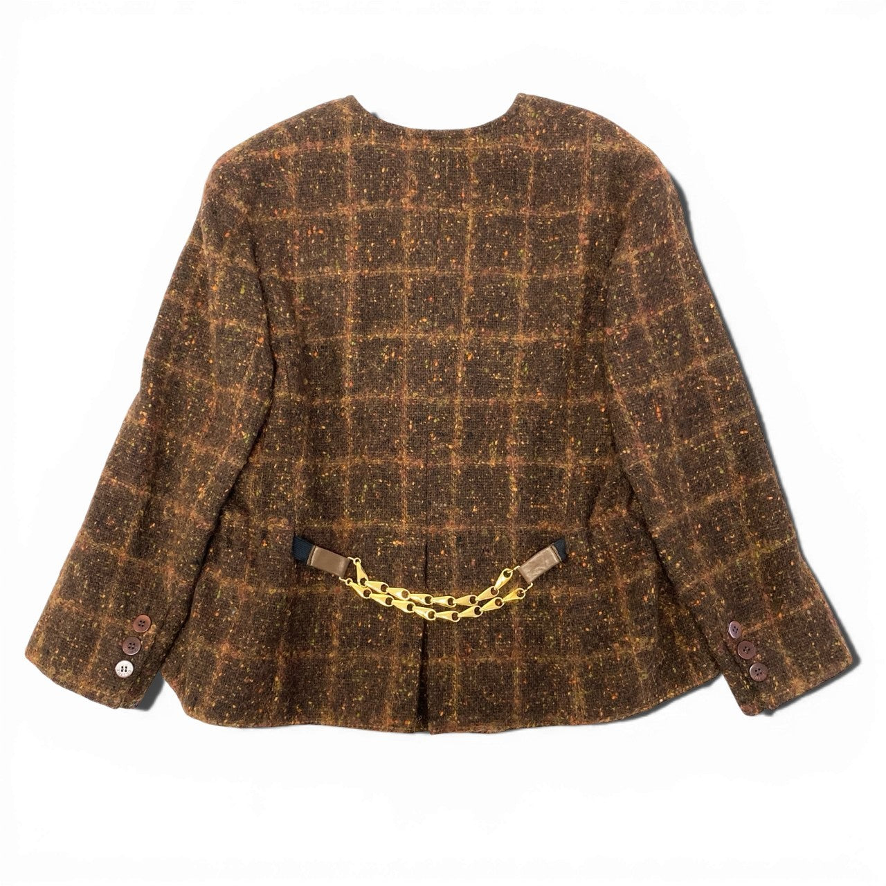 82a29 Vintage CELINE セリーヌ ツイード ジャケット スカート ゴールドチェーン 42 ブラウン ウールレーヨン フランス製u02t