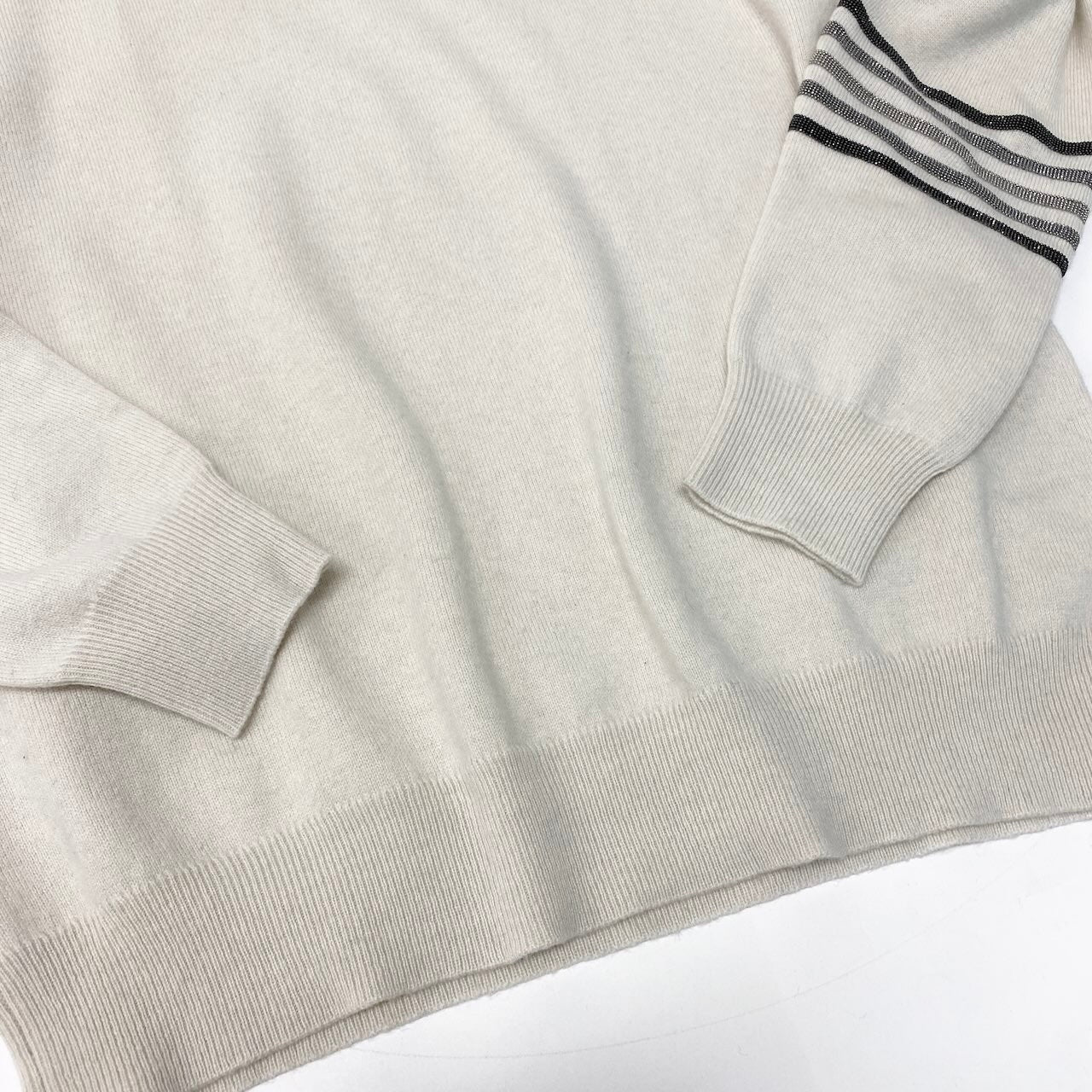 E BRUNELLO CUCINELLI ブルネロクチネリ ロングスリーブカシミヤニット ニットセーター ビーズボーダー トップス XSサイズ アイボリー グレー カシミヤ100％ メンズ 男性用nu1