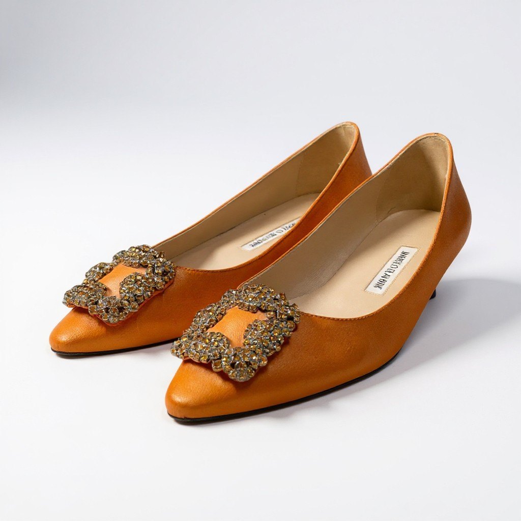 b2 MANOLO BLAHNIK マノロブラニク ハンギシ ビジュー付き フラットシューズ サイズ39 1/2 オレンジ サテン レディース 靴k02i