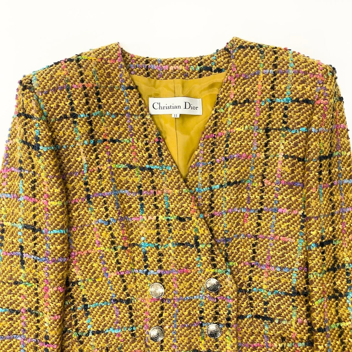 E Christian Dior クリスチャンディオール ダブルブレスト ツイードジャケット 金ボタン チェック 11サイズ マルチカラー レディース 女性用nu1