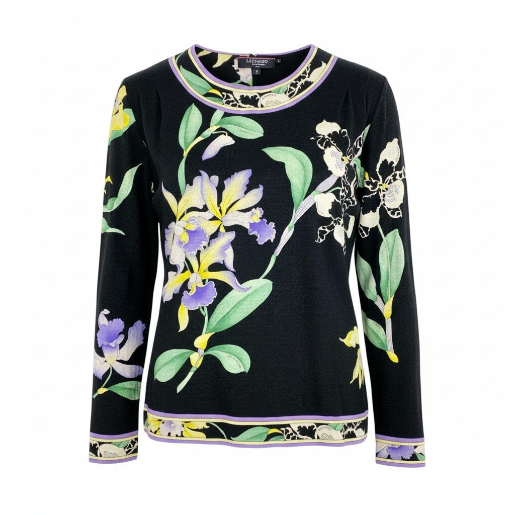 76k21 LEONARD FASHION レオナール ロングスリーブ カットソー クルーネックTシャツ 美しい花柄プリント レディース 女性用 M ブラック ウールシルクu02t