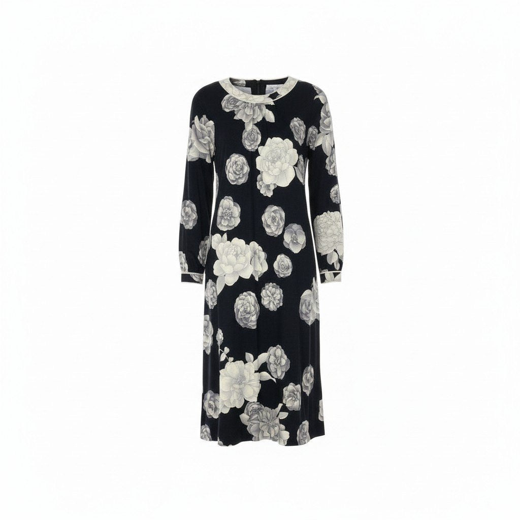 76d9 LEONARD FASHION レオナール 長袖ワンピース ロングワンピース 花柄プリント 薔薇 ウールシルク混 LL ブラック レディース 女性用o07t