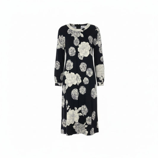 76d9 LEONARD FASHION レオナール 長袖ワンピース ロングワンピース 花柄プリント 薔薇 ウールシルク混 LL ブラック レディース 女性用o07t