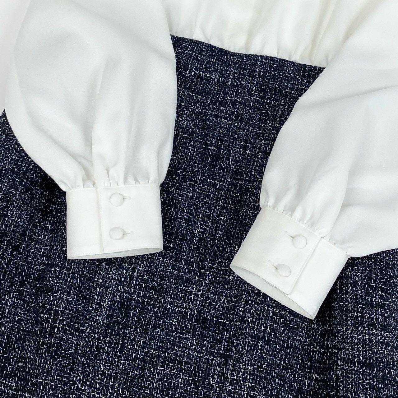 3k19 Rene ルネ ツイード切替 シフォン 長袖ワンピース 切替ワンピース サイズ36 ホワイト ネイビー レディース 女性用k02i