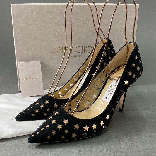 3d16 《極美品》 JIMMY CHOO ジミーチュウ スターパンチング パンプス 37 1/2 ブラック スエードレザー シューズ イタリア製 箱有