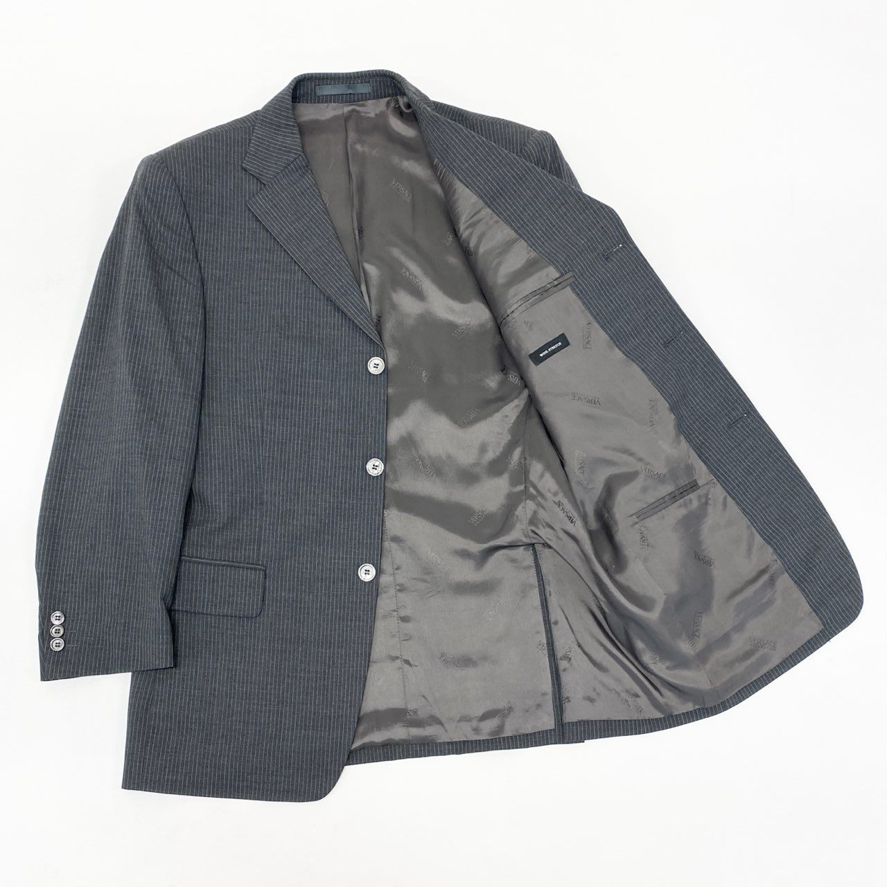 28k6 VERSACE COLLECTION ヴェルサーチ コレクション セットアップ スーツ ビジネス フォーマル 裏地総柄 ストライプ 48 グレー ウール メンズo07t