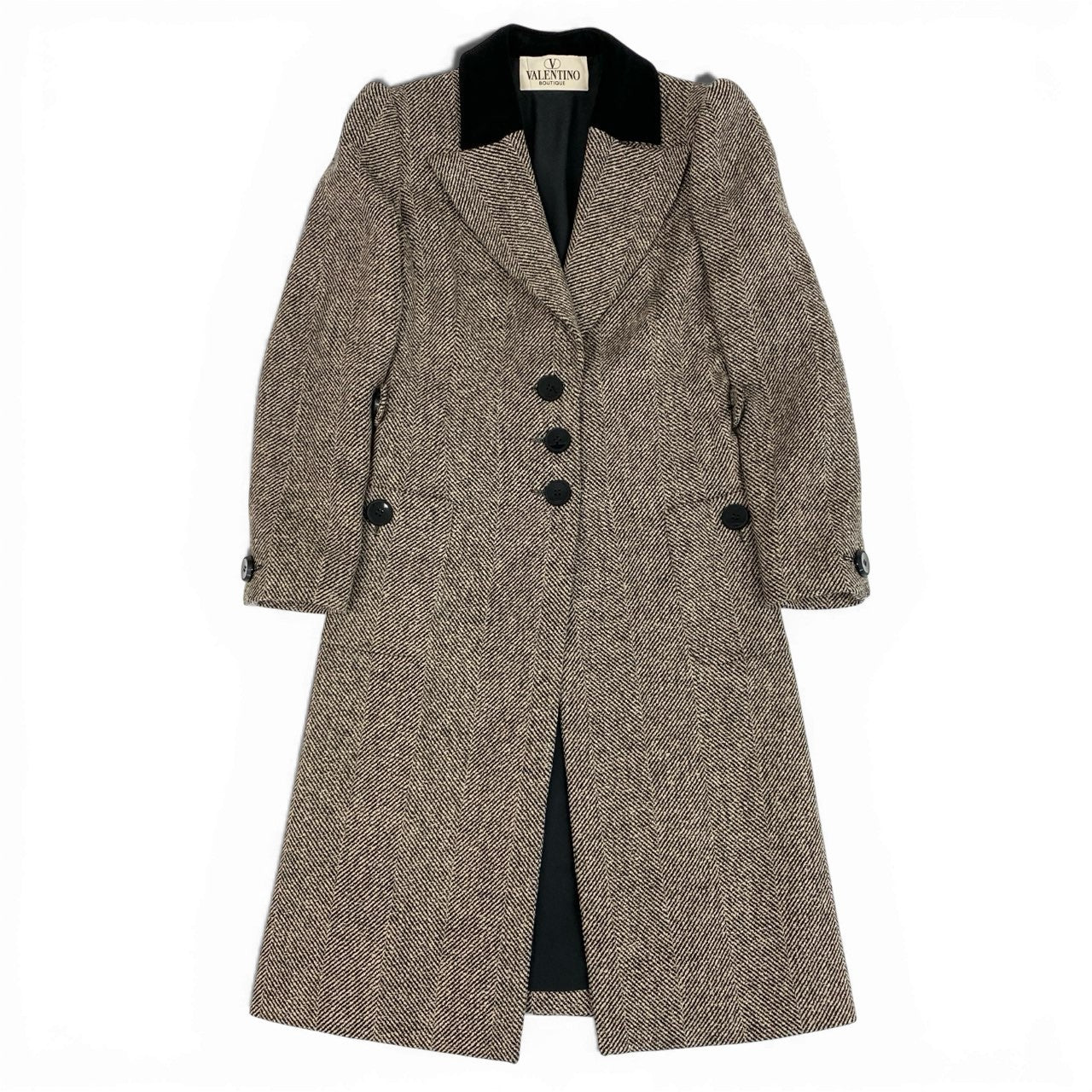 58a21 Vintage VALENTINO BOUTIQUE ヴァレンティノ ブティック チェスターコート ツイード ロングコート ヘリンボーン ウール混 レディース 女性用 サイズ6 ブラック ベージュu02t