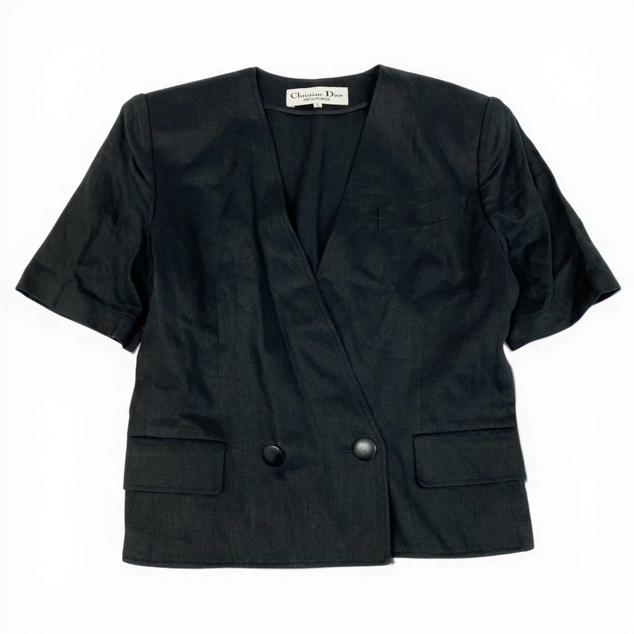 36a30 Vintage Christian Dior ヴィンテージ クリスチャンディオール ノーカラー 半袖ジャケット Collarless Short Sleeve Jacket Lサイズ ブラック リネン linen レディースo07t