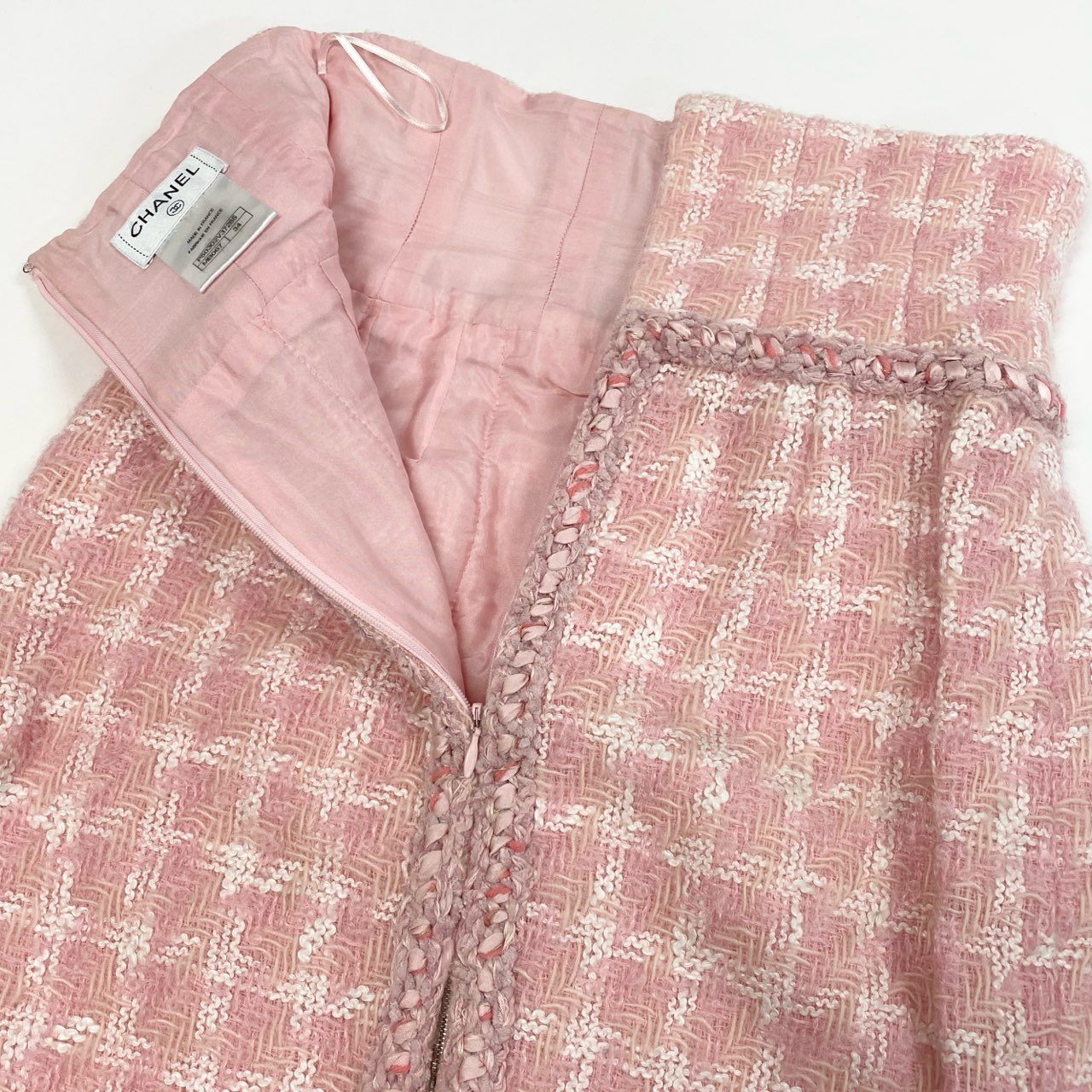 60a14 CHANEL シャネル 2014 collection P50302 グリポア ツイードトリムスカート ダブルジップ サイズ34 ピンク レディースta1