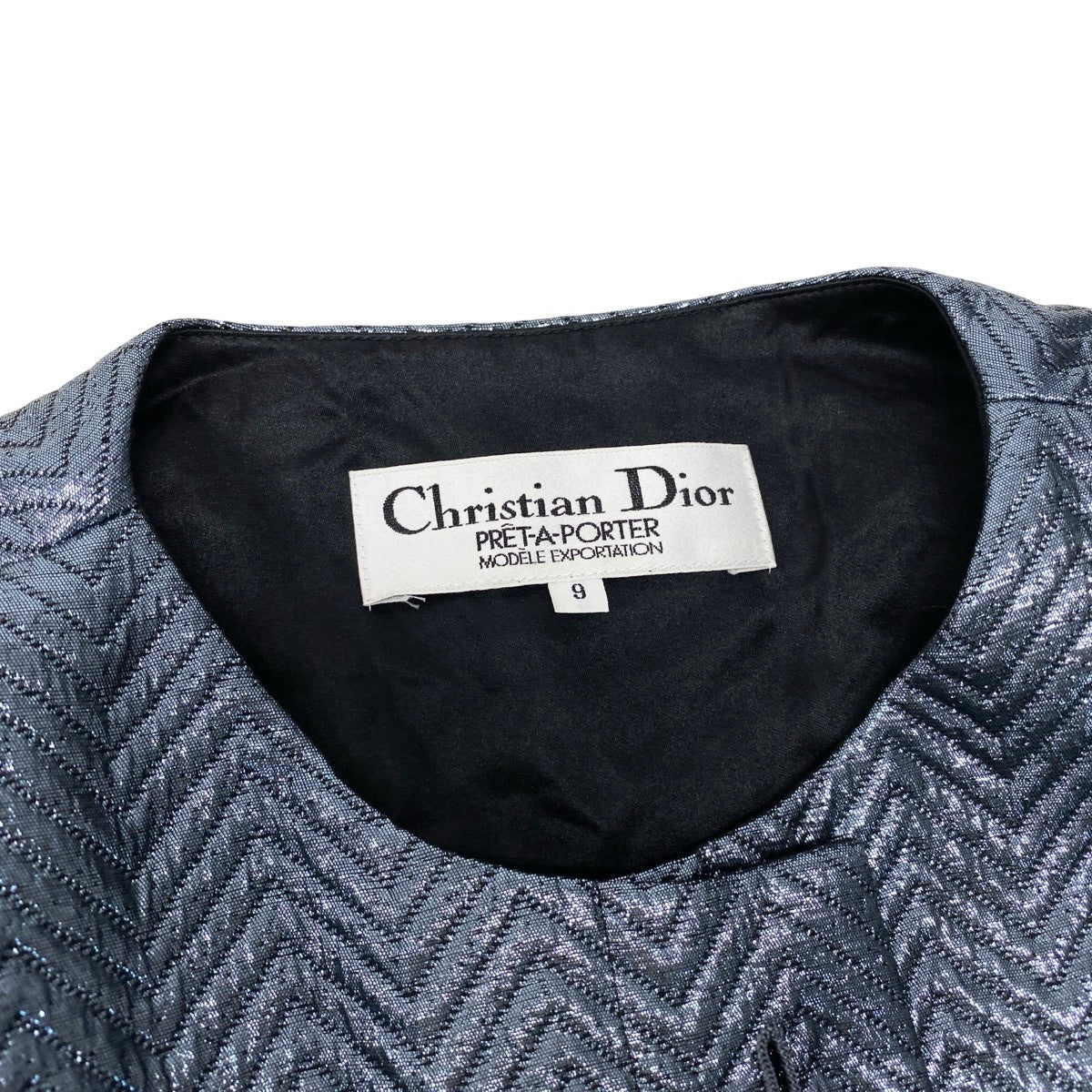 20g16【極美品】Christian Dior クリスチャンディオール ノーカラーコートジャケット メタリック ヘリンボーン アウター 9サイズ ブルーグレー レディース 女性用u02t