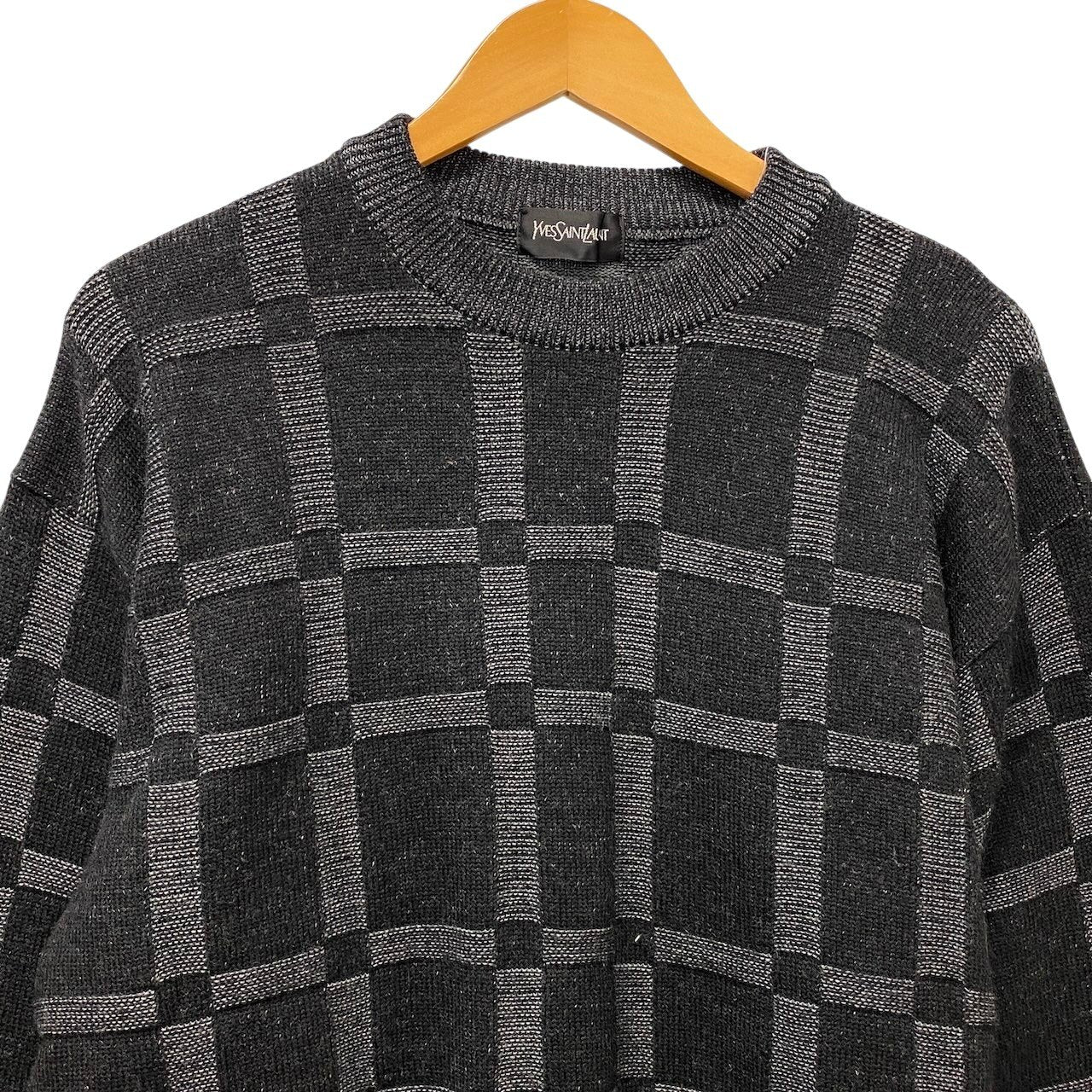 62g7 YVES SAINT LAURENT イヴサンローラン ロングスリーブ ニットセーター チェック柄 サイズL ブラック ウール100％ メンズ 紳士服o07t