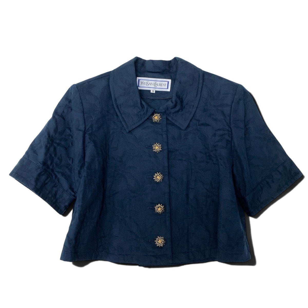 Eh10 YVES SAINT LAURENT イヴサンローラン ショートスリーブ 花柄ジャケット 飾りボタン M ネイビー コットン レディースo07t