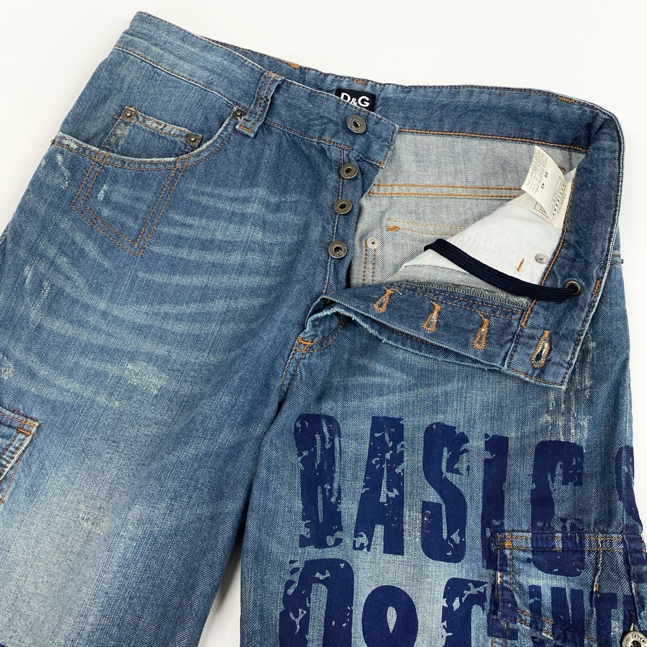 AL22 DOLCE&GABBANA ドルチェアンドガッパーナ 00`s vintage Y2K デニムカーゴパンツ ハーフパンツ ショート ダメージ ペイント加工 メンズ 紳士服 29 / 43 ブルーk02i