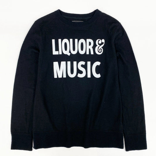 44h26 NUMBER (N)INE ナンバーナイン LIQUOR & MUSIC クルーネック ニット セーター ミドルゲージ プリント 日本製 2 ブラック ウール メンズo07t