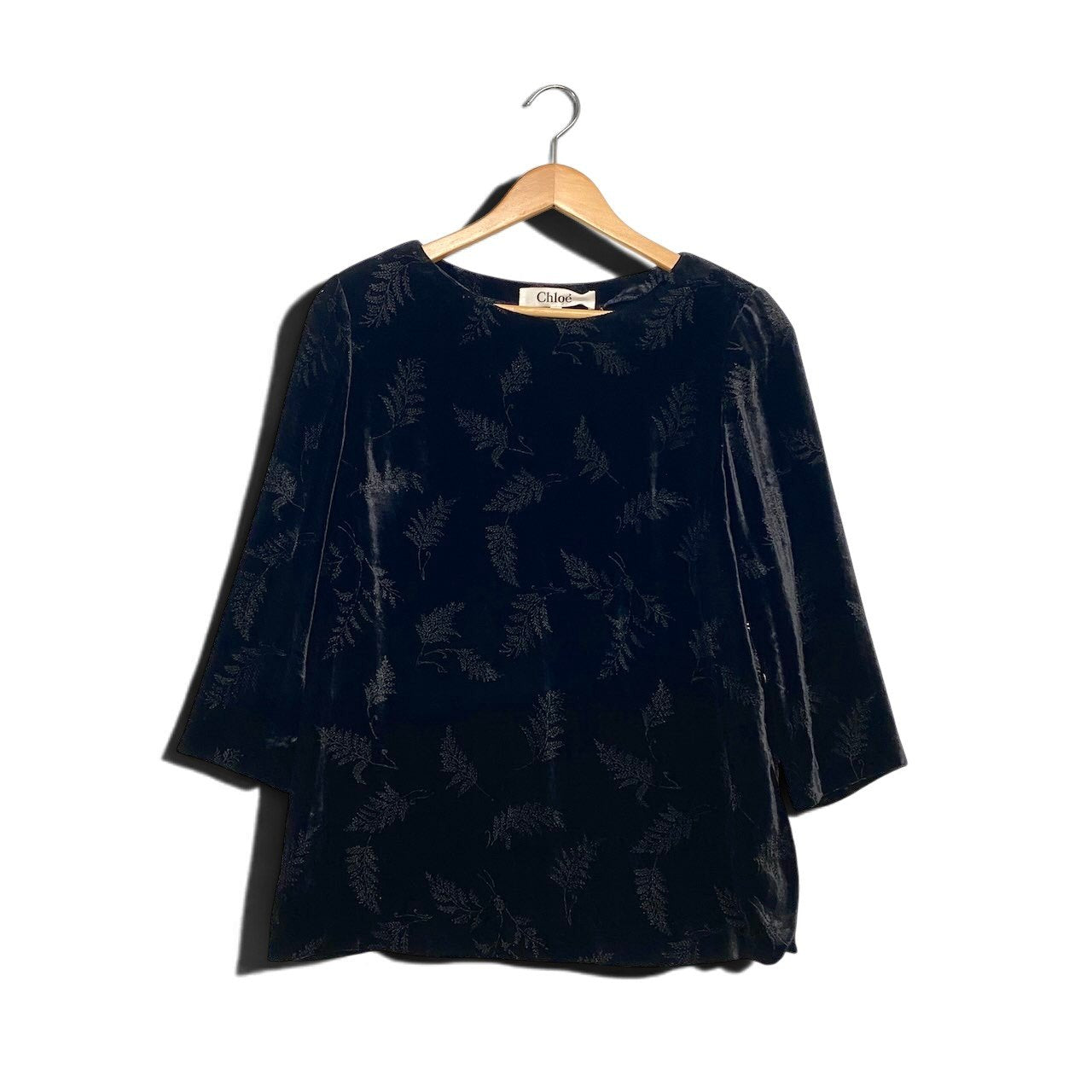 45h16 Chloe クロエ チュニック カットソー ベロア 葉柄  サイズ42 ブラック シルク レーヨン レディース 女性用u02t