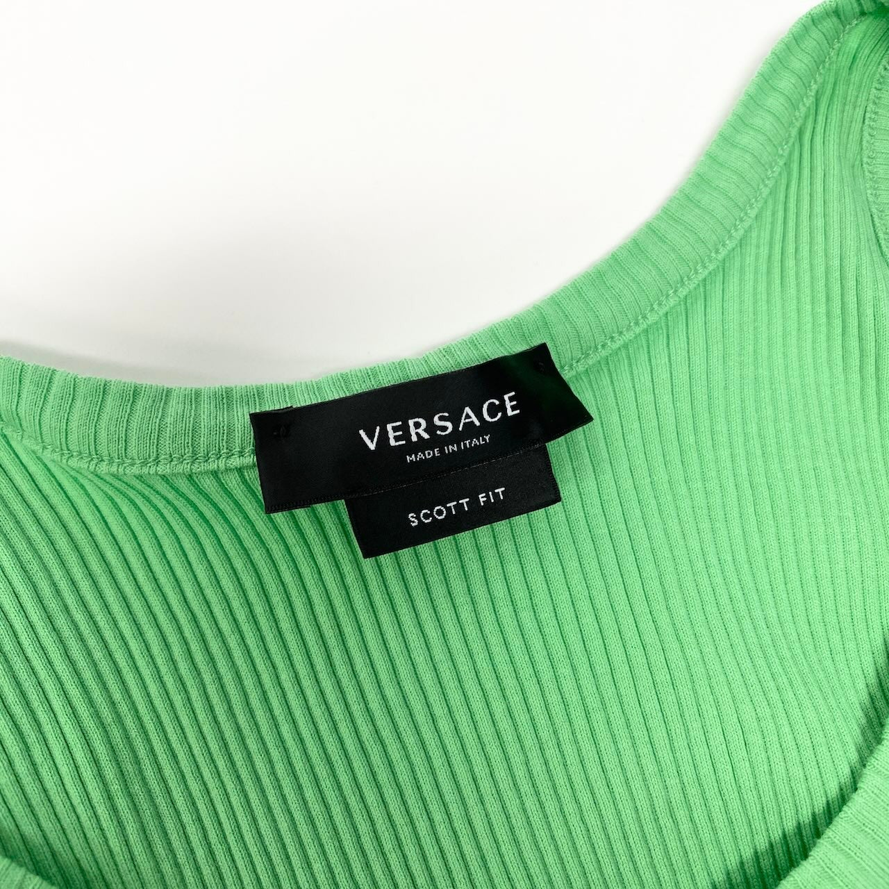 59c19 VERSACE ヴェルサーチ SCOTT FIT ノースリーブ カットソー リブタンクトップ ワンポイント刺繡 裾リボン レディース M グリーン コットン100％u02t