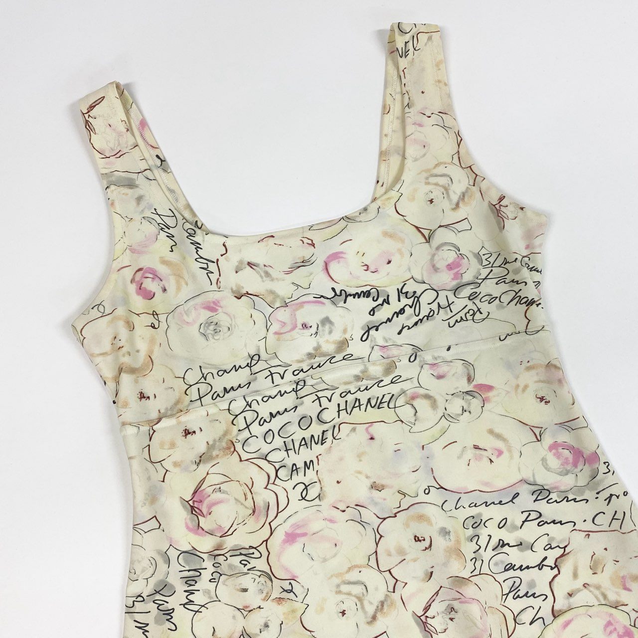 60a14【archive】CHANEL シャネル 1998年 Cruise P10058 カメリア総柄 マイヨ素材 キャミワンピース ワンピース サイズ40 アイボリー系 レディースta1