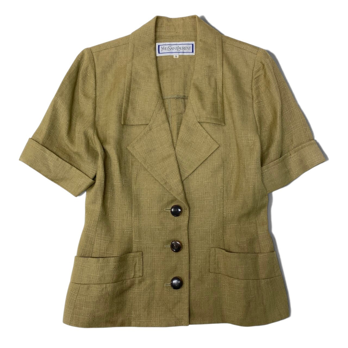 87i15 YVES SAINT LAURENT イヴサンローラン テーラードジャケット 半袖 リネン混 サイズM カーキ系 レディースo07t