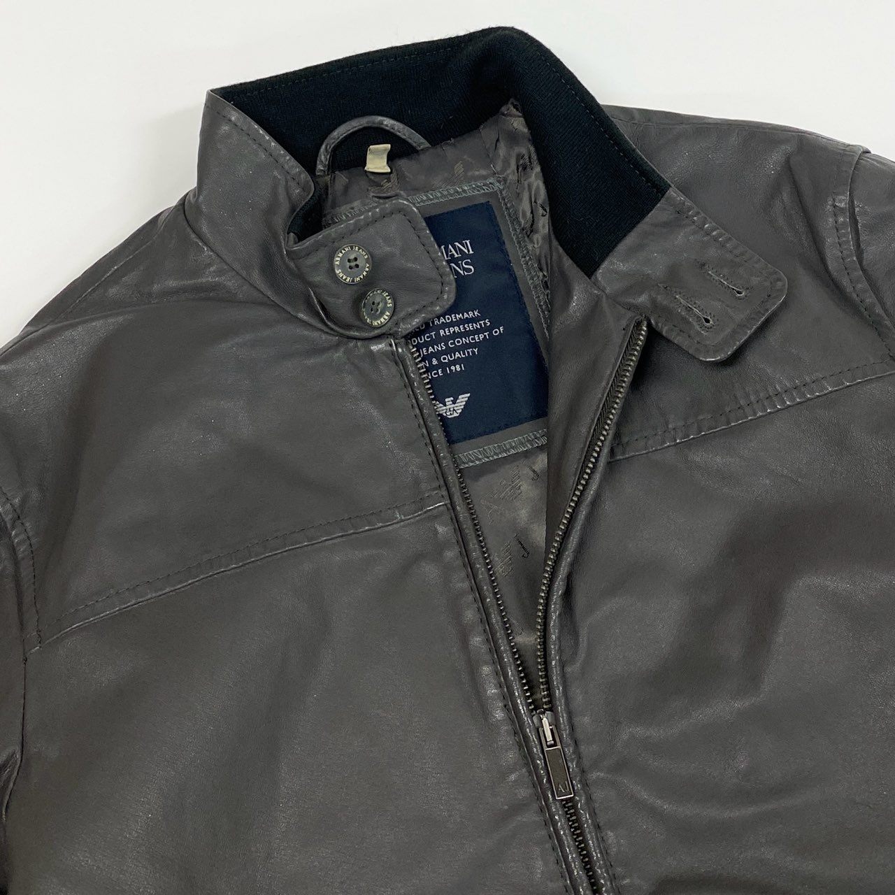 8j10 ARMANI JEANS アルマーニジーンズ レザージャケット ドリズラージャケット ハリントンジャケット 90's アーカイブ スウィングトップ Sサイズ グレーブラウン メンズu02t