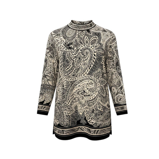 11f16 LEONARD FASHION レオナール ロングスリーブ チュニックワンピース ペイズリー 総柄プリント サイズLL ブラック ウール シルク レディース女性用u02t