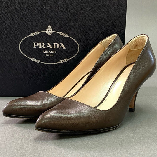 7k6 【イタリア製】PRADA プラダ レザーパンプス ポインテッドトゥ サイズ38 ブラウン レザー レディース 女性用 靴 シューズ